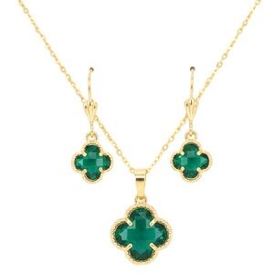 Simulated Emerald Gold Filled Green Clover Necklace and Earrings Jewelry Set